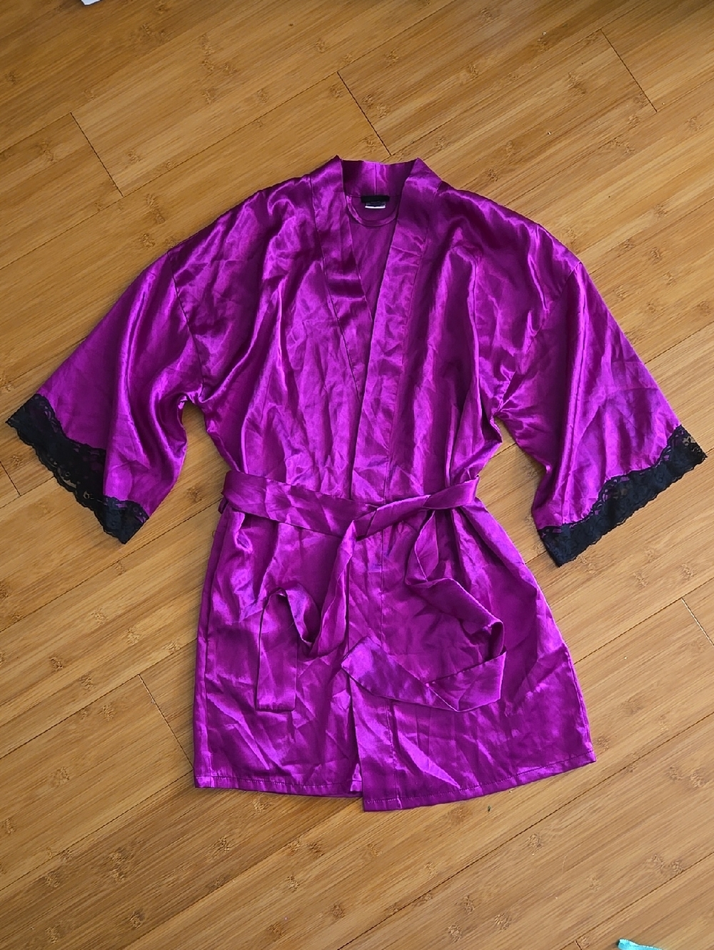 Frederick's of Hollywood Fuchsia Satin Kimono Robe with Black Lace Trim XS